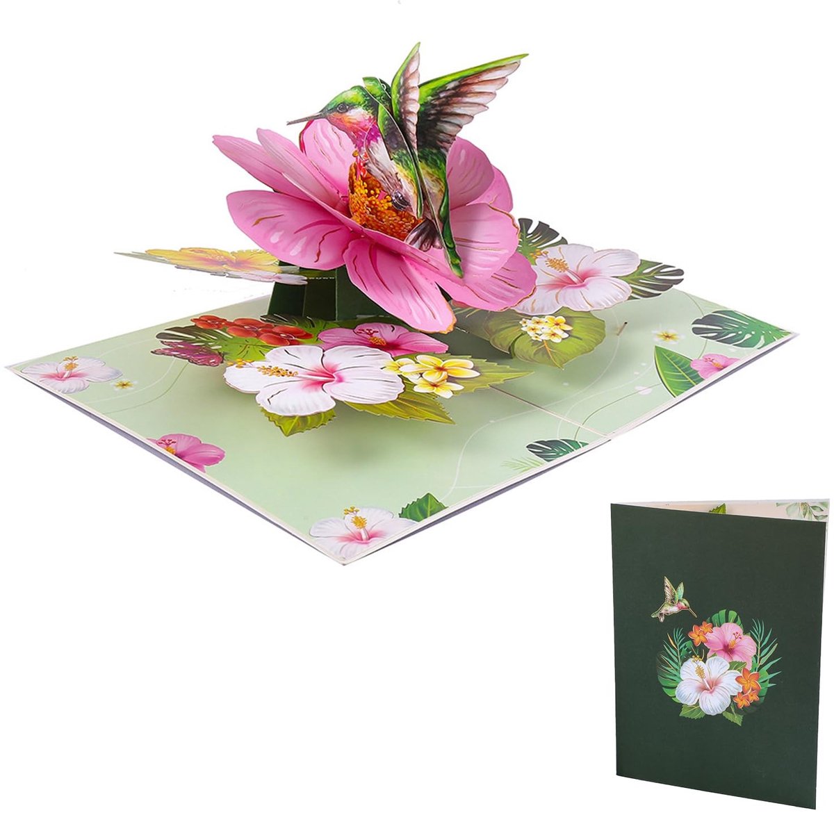 Omgoods - Kolibrie Verjaardagskaart met Gemengde Bloemen Pop-up Design