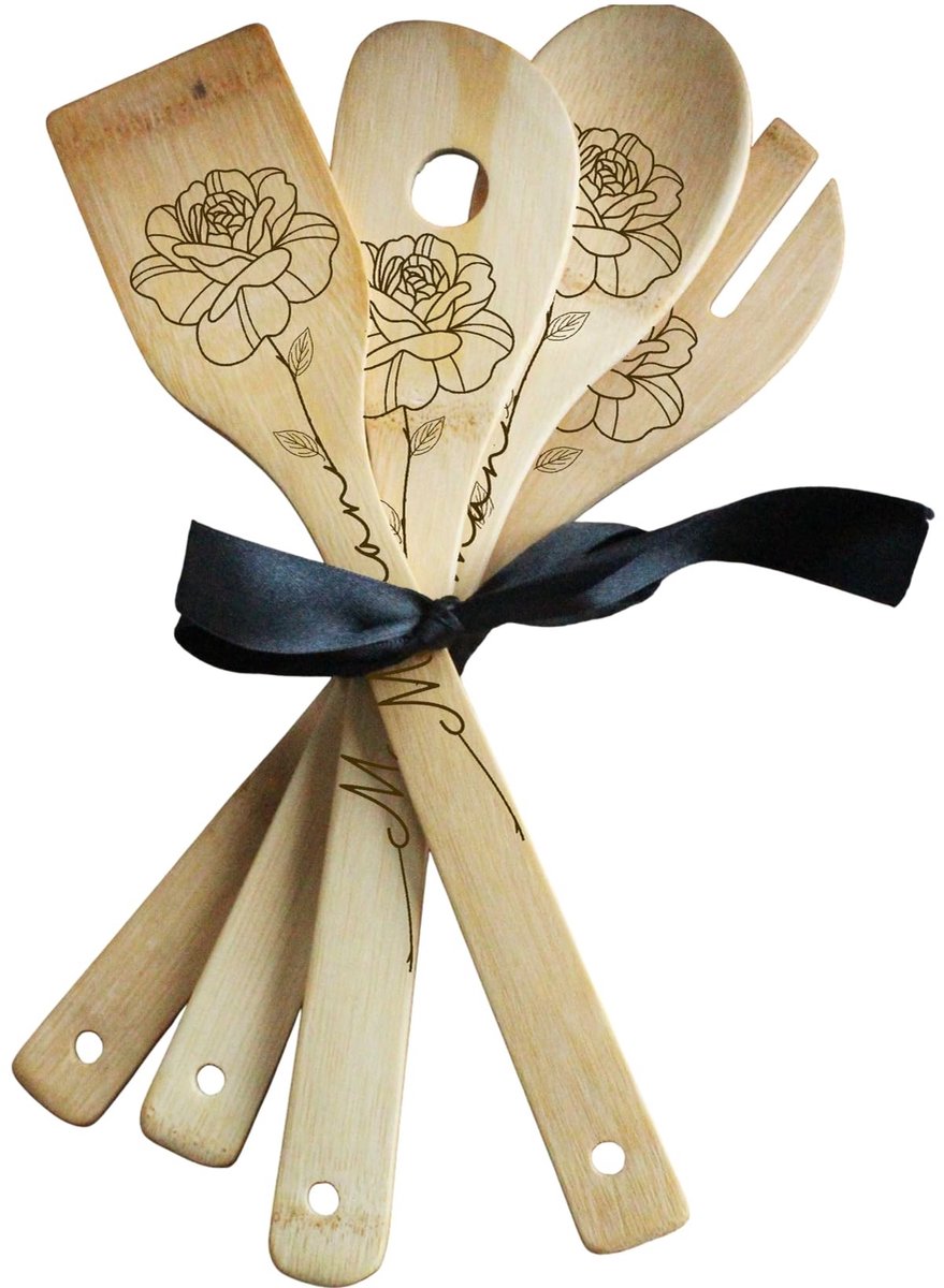 Omgoods - Set van 4 Gegraveerde Bamboe Houten Lepels - Persoonlijk Cadeau voor Moeder