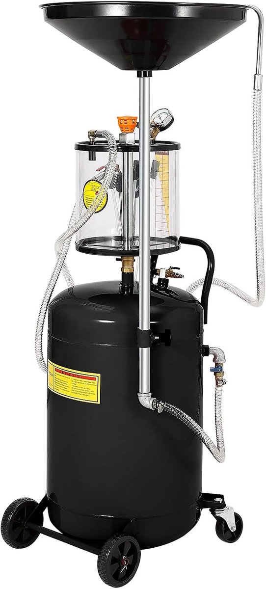 Olieafvoertank van 20 gallon – Draagbare afvoer voor afgewerkte olie met wielen – Luchtgedreven draagbare olieafvoerder – Verstelbare trechter – Maatbeker – Zwart