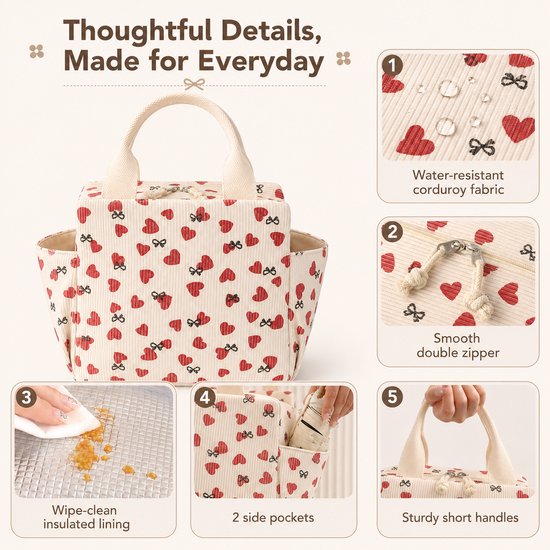 Rainbecom - Koeltassen - Lunchtas Koeltas 12L - Geïsoleerde Lunchbag van Corduroy met 2 Zijvakken - Voor Werk, Picknick, Reizen en Dagelijks Gebruik - 26 x 18,5 x 25 cm - Beige met Rode Hartjes van Rainbecom — afbeelding 5