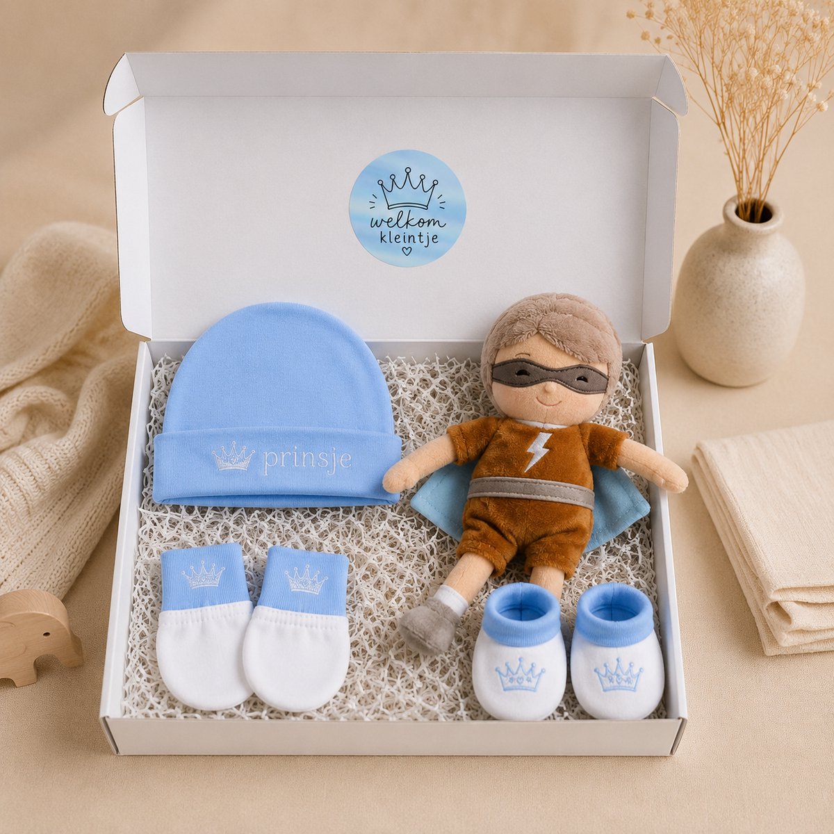 Blijeitje Prinsje - Kraamcadeau & Babyshower Cadeau - Baby Cadeauset met Knuffel - 100% Katoen - 0-3 Maanden