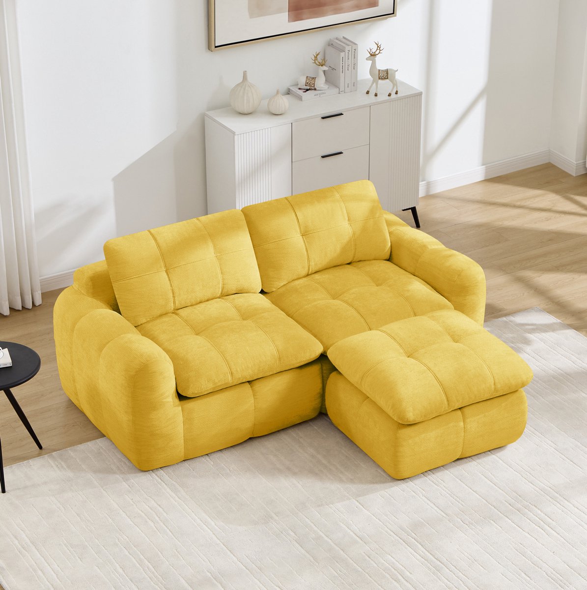 MEUNIQ 2-zits hoekbank 194 x 160 x 68 cm in geel, modulair L-vormig ontwerp met chenille bekleding en hocker voor de woonkamer Yellow