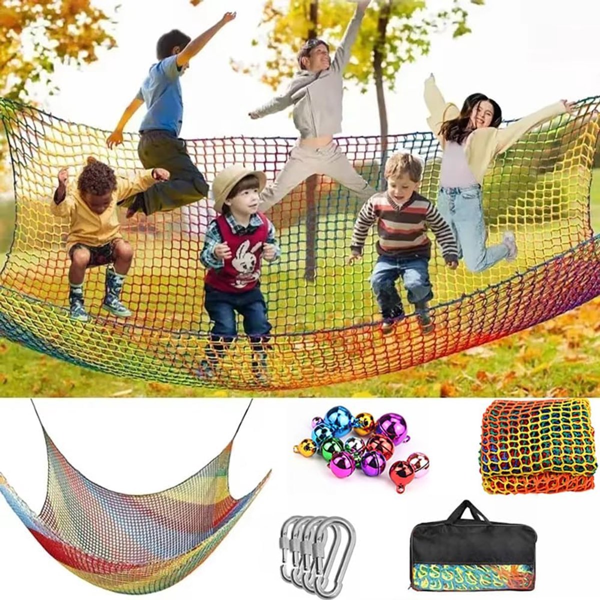 Klimnet voor kinderen, klimnet, outdoor, klimbagagenet, dubbellaags, 4 mm dik touw, 4 cm gat met opbergtas, voor speelplaats, outdoor, indoor, tuin, kleurrijk, 3 x 3
