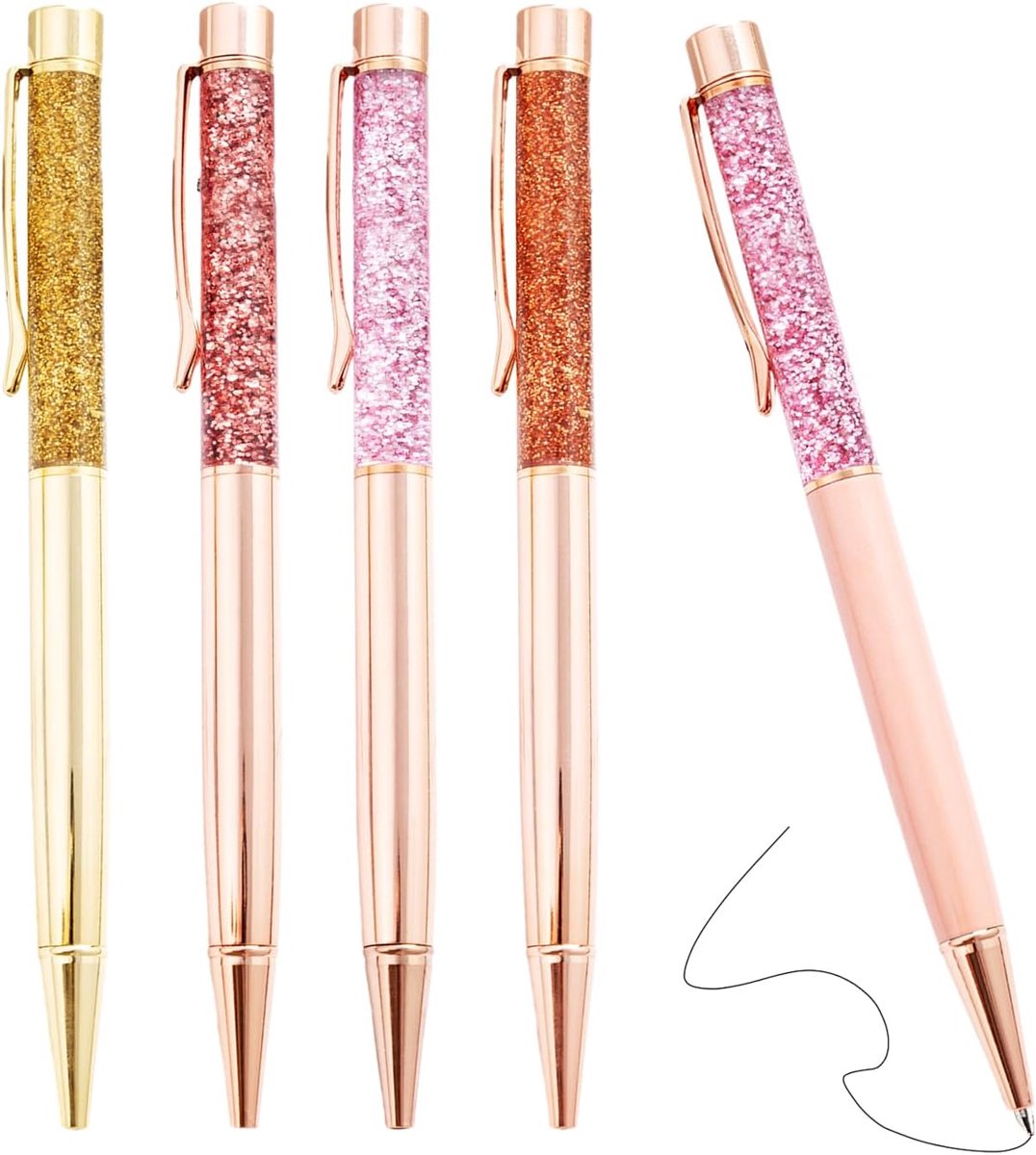 balpen, 5 stuks, klikbare intrekbare balpen, metalen glitterbalpen voor school, kantoor, tekenen, zwarte inkt, intrekbare pen voor scholieren