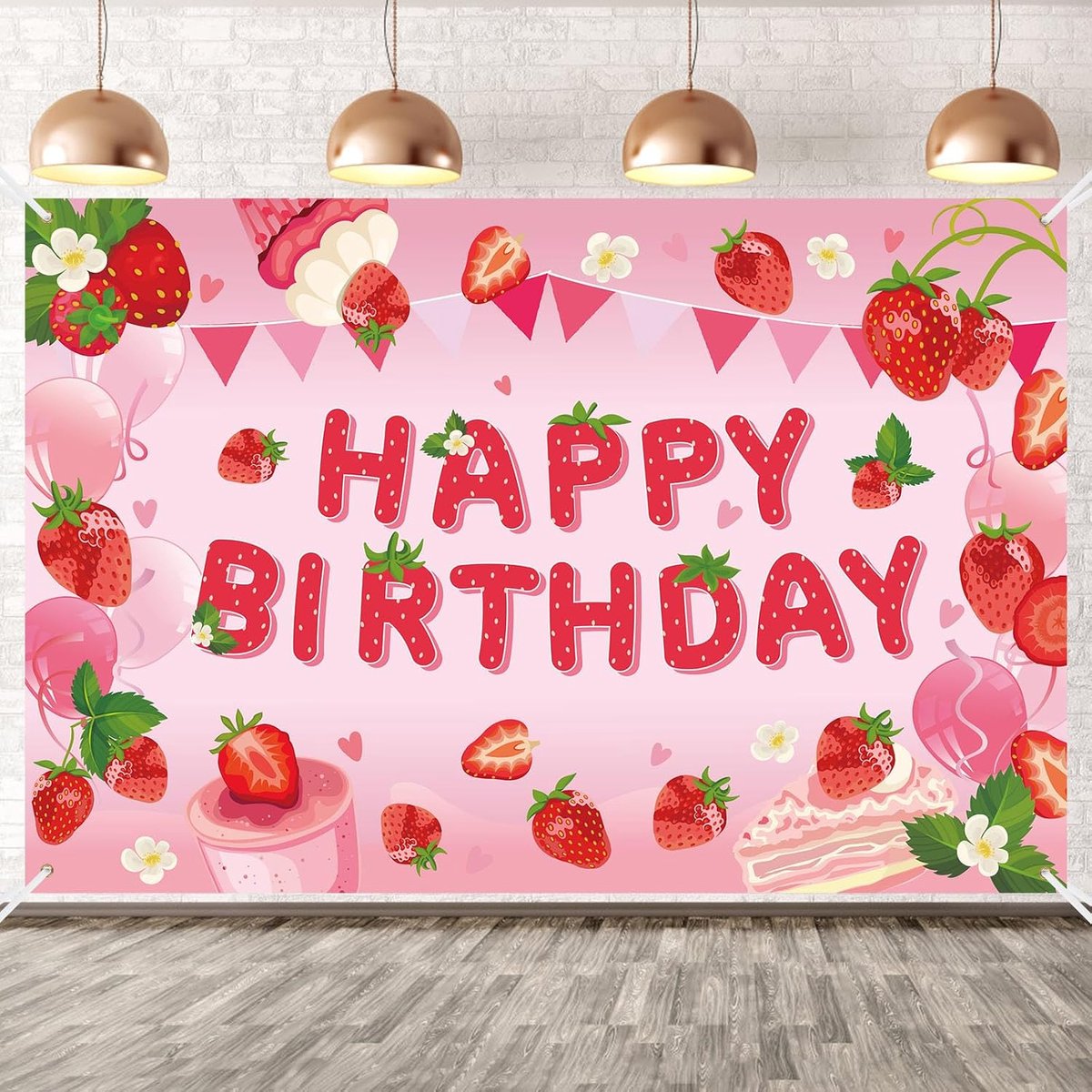 Verjaardagsbanner met Aardbeienthema, 152x100cm Schattige Verjaardagsdecoratie met Aardbeienthema en Lint Geschikt als Feestversiering (Stijl A)