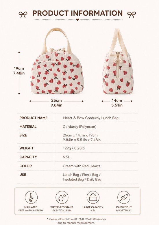 Rainbecom - Koeltas - Koeltassen 6.5 L - Lunchtas Dames en Kinderen - Geïsoleerde Lunch Bag met Voorvak - Corduroy - Beige met Hartjes van Rainbecom — afbeelding 2