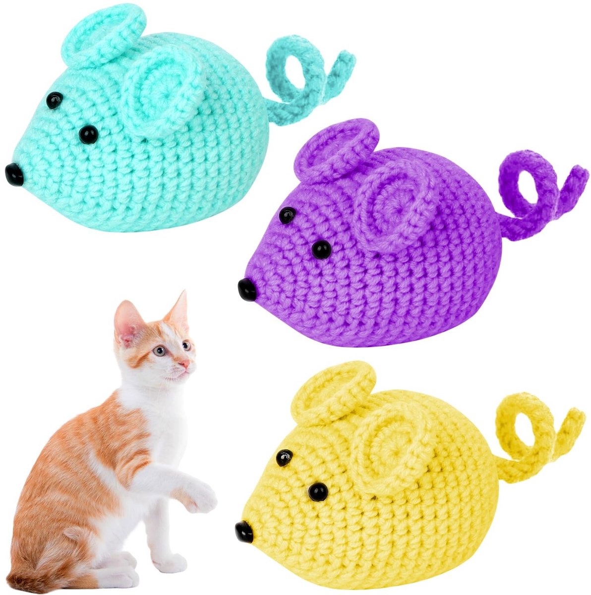 Omgoods - Set van 3 Gehaakte Pluche Muisjes met Lange Staart - Zacht Speelgoed voor Katten en Kittens
