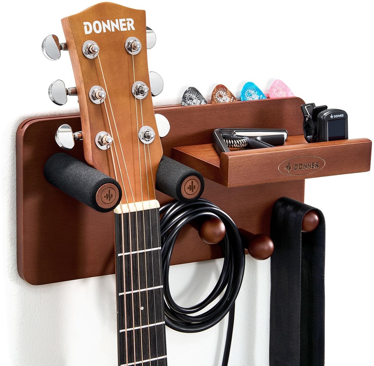 Omgoods - Houten Gitaar Wandhouder met Plank en Plectrumhouder