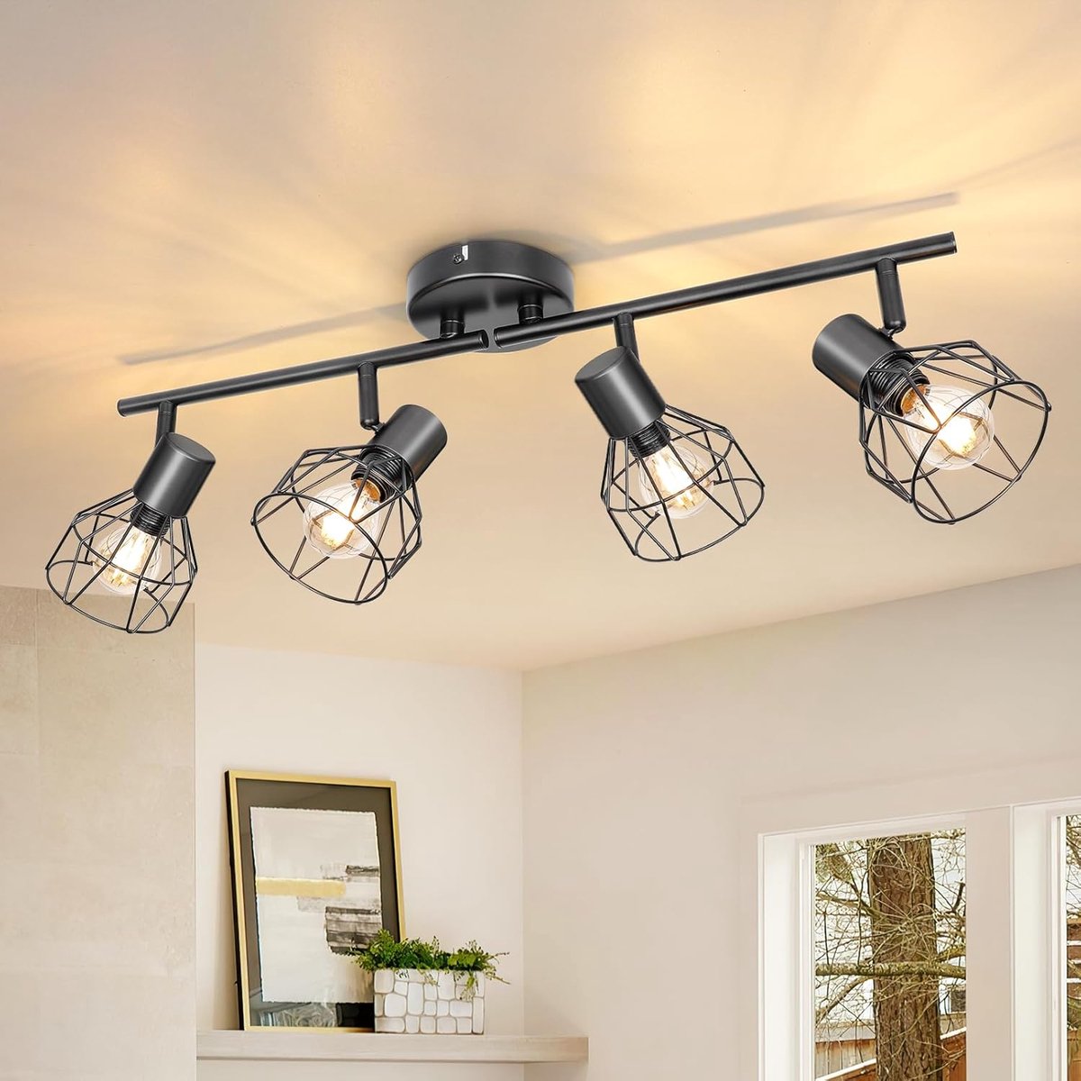 Plafondlamp, spots, draaibaar, zwart, spot, met E14-fitting, plafondlamp, 4 plafondspots, voor binnen, keuken, slaapkamer, woonkamer, max. 40 W zonder lampen