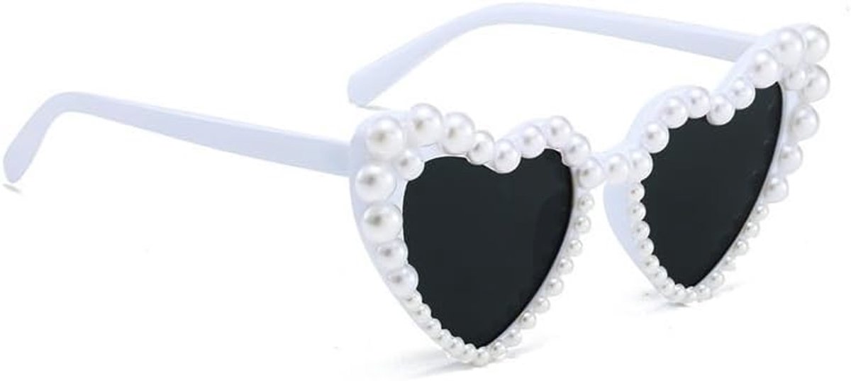 Hart Zonnebril met Parels - Retro Kattenoog Bril Hartvorm voor JGA, Bruiloft, Verjaardag, Festival, Jaren 50 Feest - Vintage Feestbril Accessoire Wit voor Bruid & Vriendinnen
