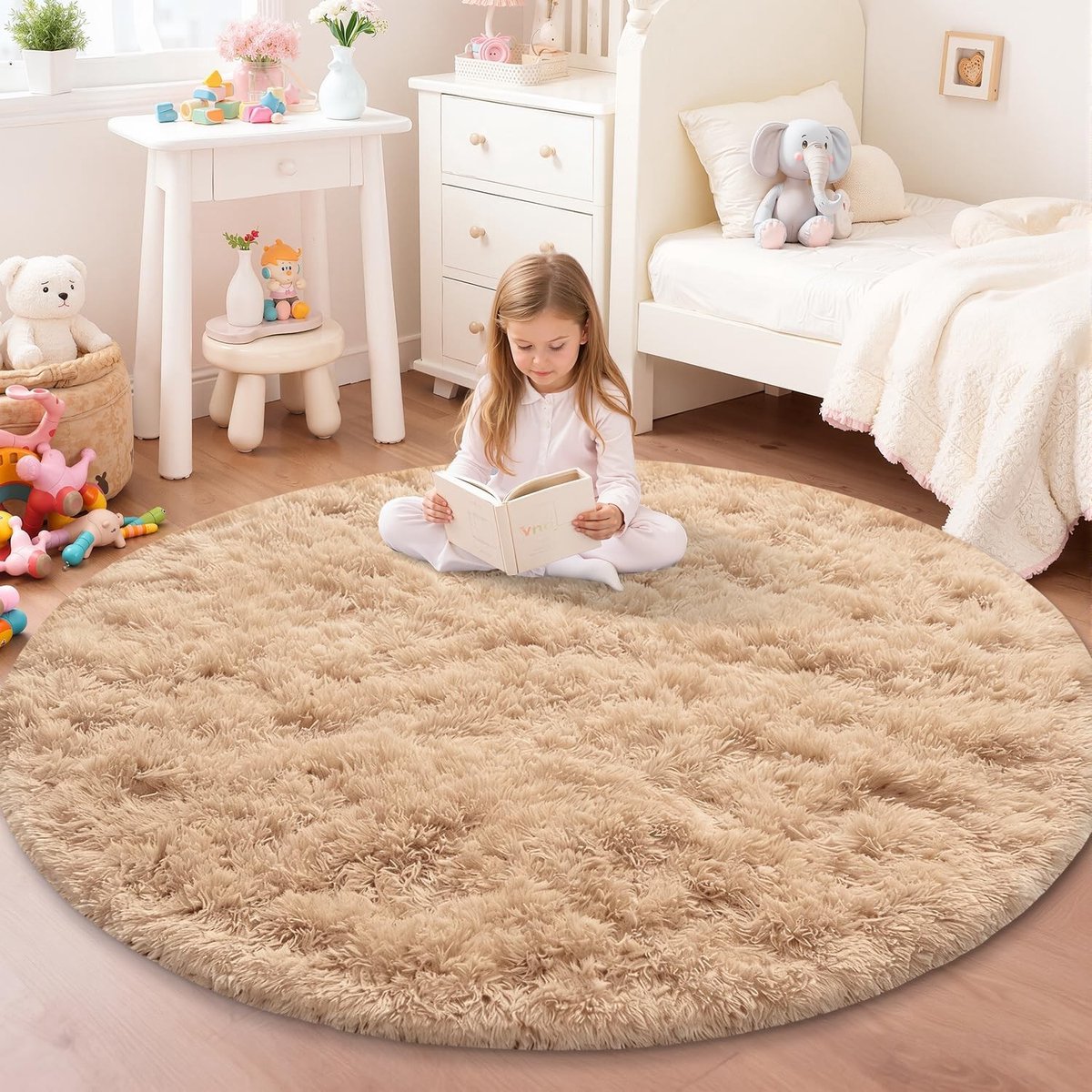 Omgoods - Rond Vloerkleed voor Kinderen, Slaapkamer en Woonkamer, Fluffy Wasbaar Antislip Modern Tapijt, Beige, 100cm