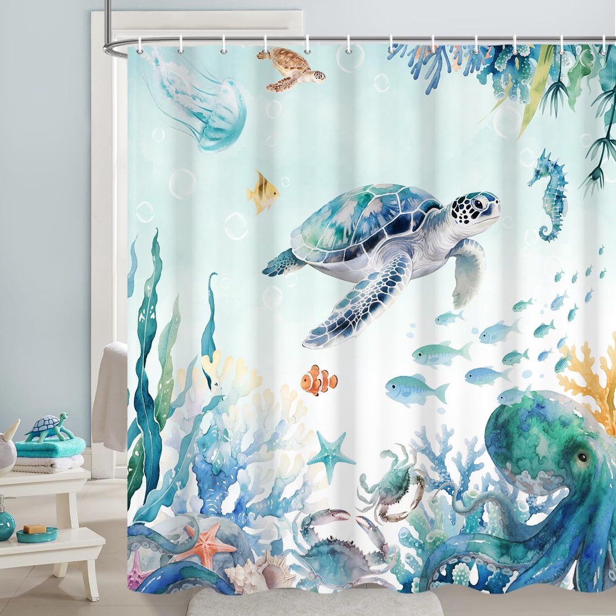 Omgoods - Nautisch Douchegordijn 180 x 180 cm met Zeeleven Print