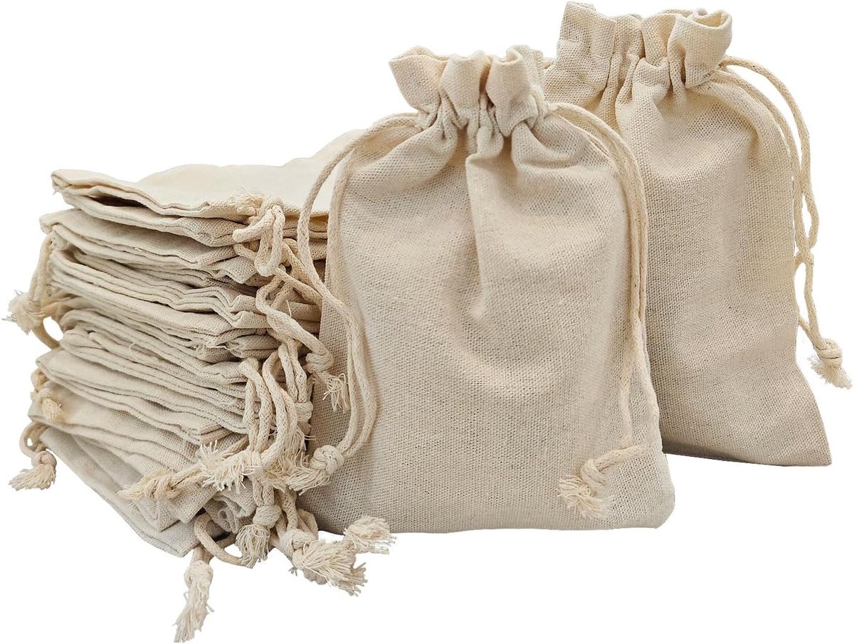 Set van 30 katoenen tassen met trekkoord, bruiloft, stoffen zakken voor opslag, geschenken, sieraden, snoep, beige, 13 x 18 cm