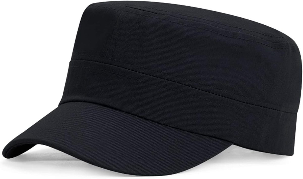 Platte top effen hoed, verstelbare modieuze militaire sport caps, cadet cap, ademende outdoor hoeden, Zwart, Eén Maat