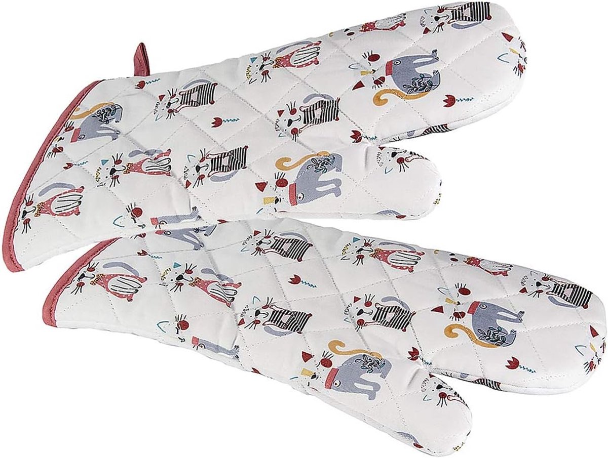 Ovenwanten 1 Paar met Vrolijke Katten Print – Hittebestendige 100% Katoen Ovenhandschoenen | Keuken Cadeau voor Dames en Kattenliefhebbers, 35x17cm