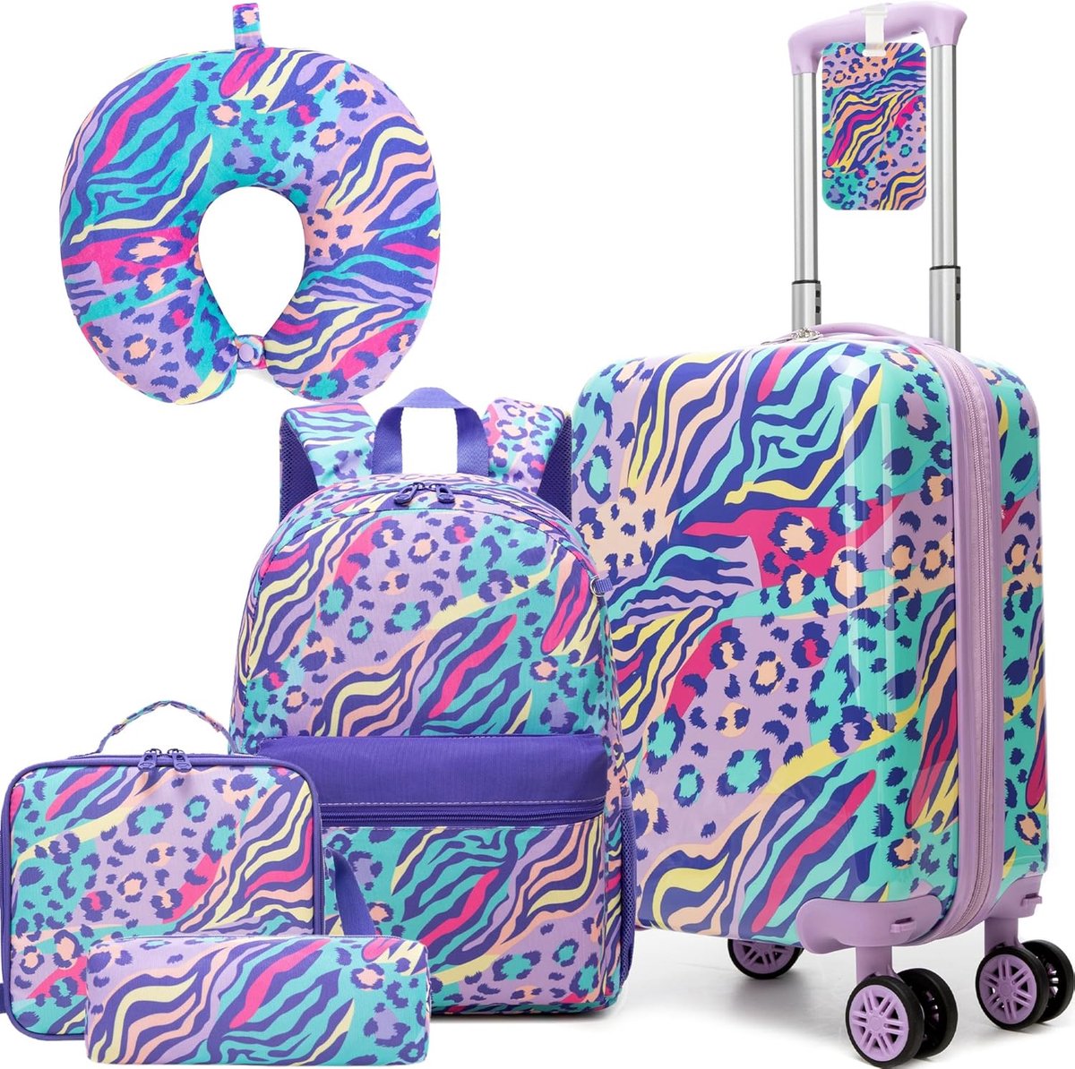 5-delige kinderkoffer met rugzak, nekkussen, lunchtas, etui en kofferhanger, voor meisjes en kinderen, mini-koffer, trolley, harde schaal, blauw/lila., 31 cm x 19.5 cm x 40.5 cm