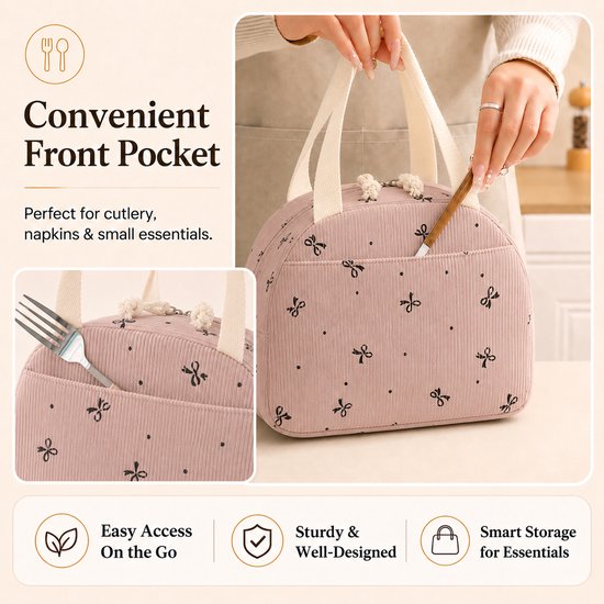 Rainbecom - Koeltas - Koeltassen 6.5 L - Lunchtas Dames en Kinderen - Geïsoleerde Lunch Bag met Voorvak - Corduroy - Paars met Strikjes van Rainbecom — afbeelding 3
