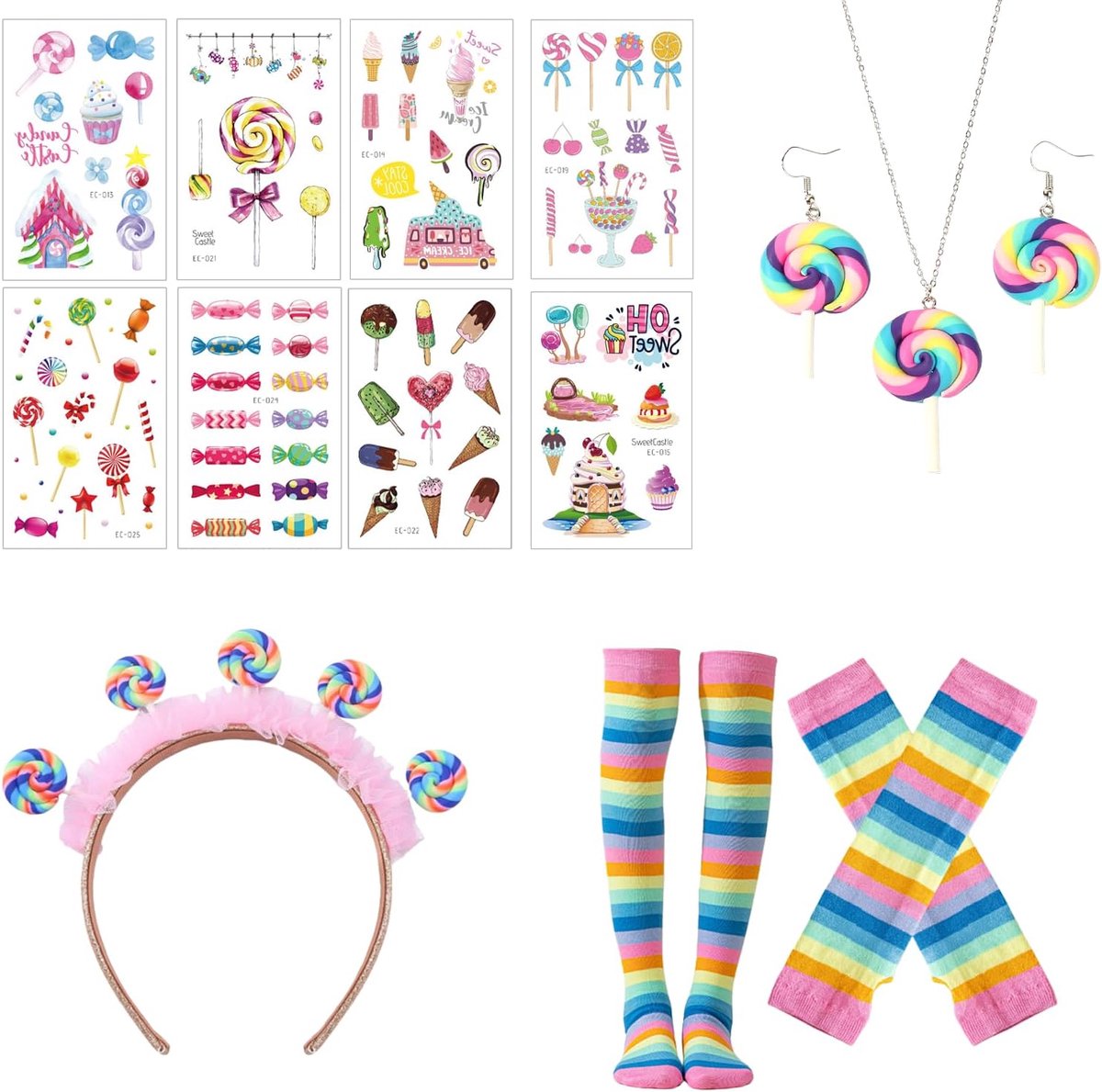 Kostuum Accessoires Dames Hoofdband Fopspeen Halsketting Oorbellen Regenboog Snoep Kousen Cosplay Voor Halloween Kerstmis