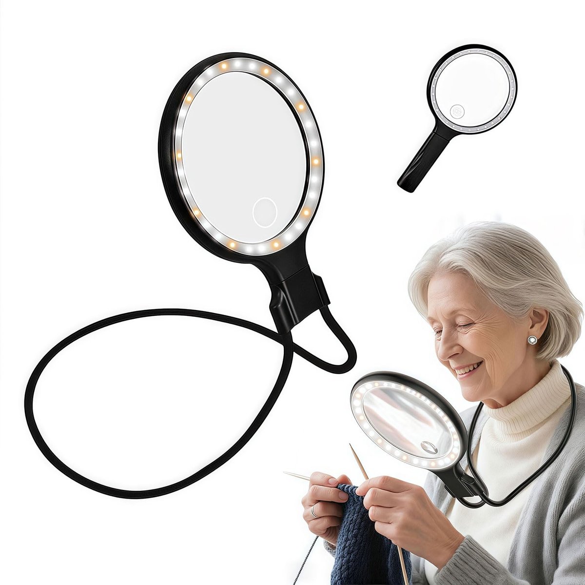 Omgoods - Vergrootglas met Licht voor Senioren - Handsfree Leeshulp met 12x Lens en 3 Lichtmodi