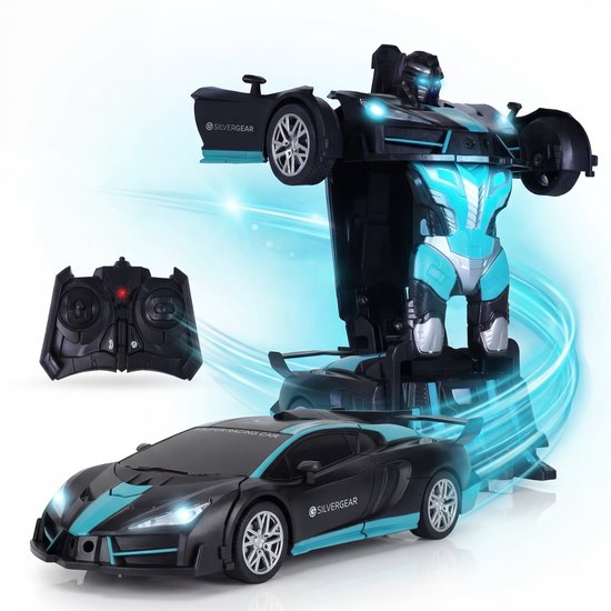 Zwarte en blauwe RC auto die transformeert tot een robot, met afstandsbediening. Lichtblauwe lichtstralen.