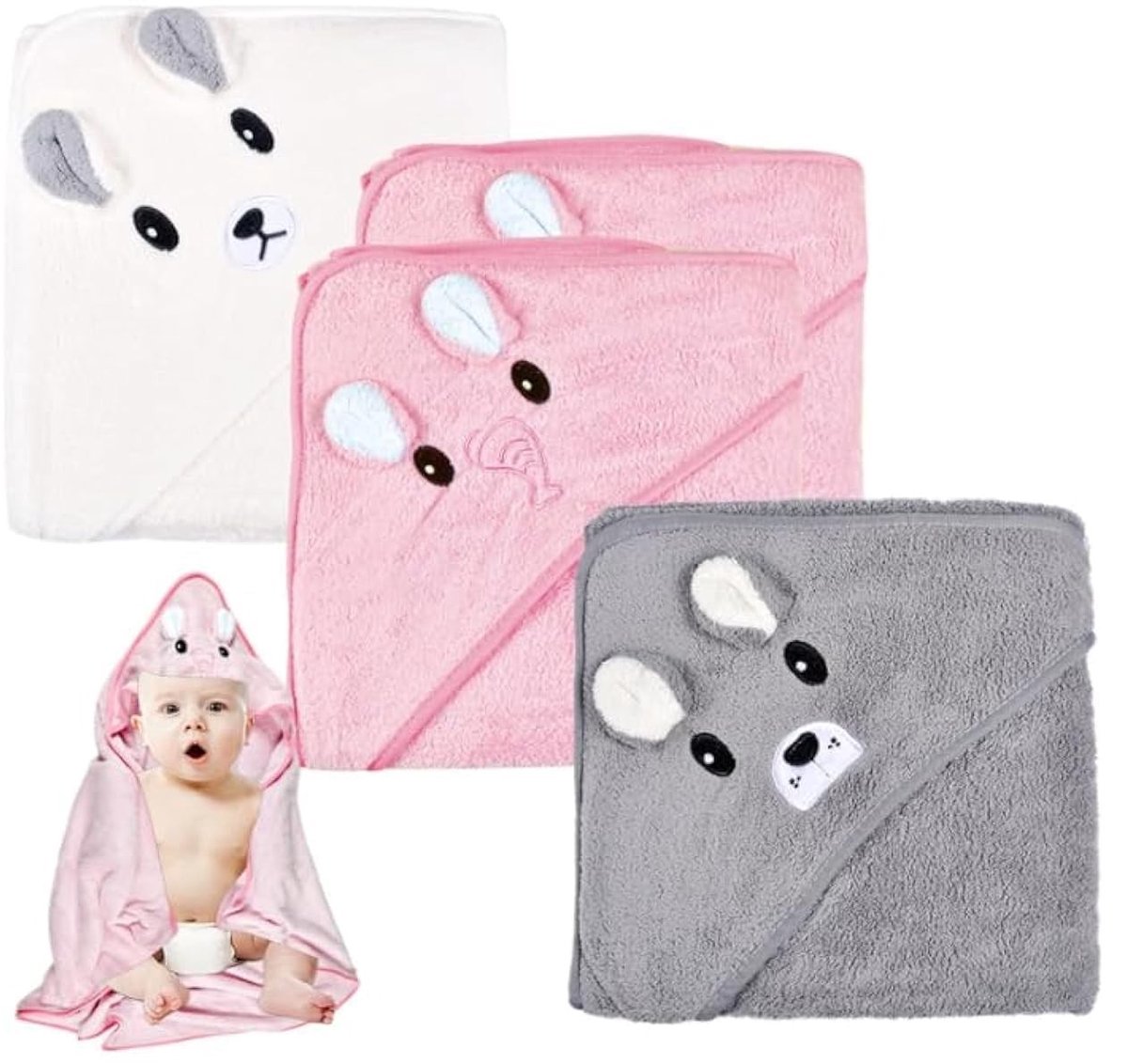 Omgoods - Badcape voor Baby's - Set van 3 Zachte Badhanddoeken met Capuchon - Roze