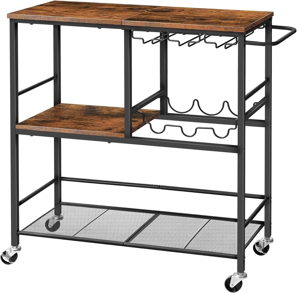Server Trolley met Wielen, 3-laags Keuken Trolley met Werkblad, Slotbare Bar Trolley voor Eetkamer, Woonkamer en Feestjes in Vintage Bruin en Zwart - Ideaal voor Opslag en Organisatie