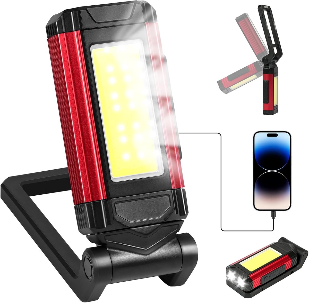gereedschapslamp, LED-zaklamp USB-oplaadbaar, draaibare functie + magnetische basis en haak, zuiglamp voor autoreparatie, 2800 mAh, 1-pack