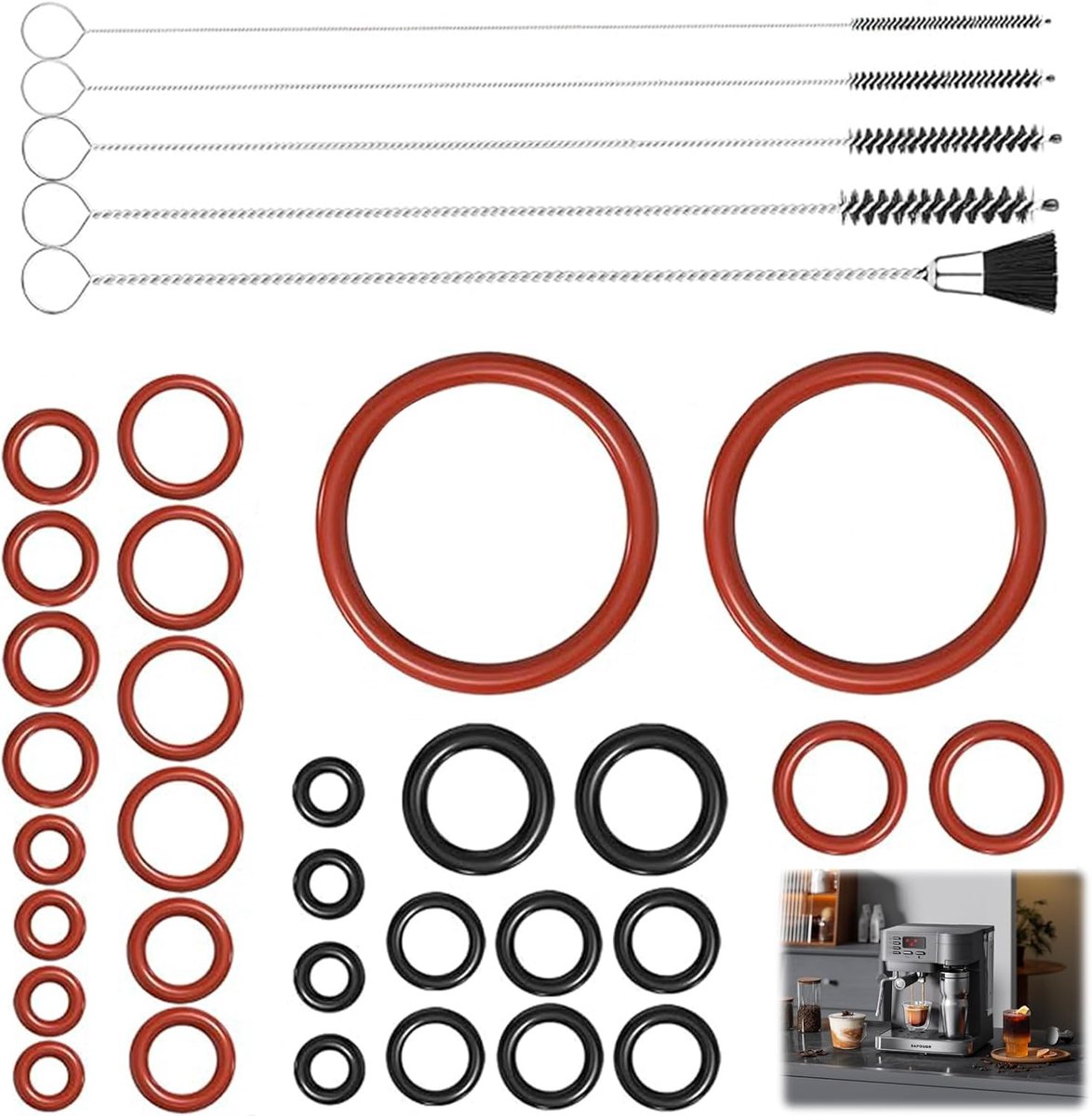 afdichtringenset voor Philips Saeco volautomatische espressomachine, 30 x O-ringen, onderhoudsset voor zetgroep, ondersteuningsventiel en uitloopventiel, inclusief reinigingsborstel en