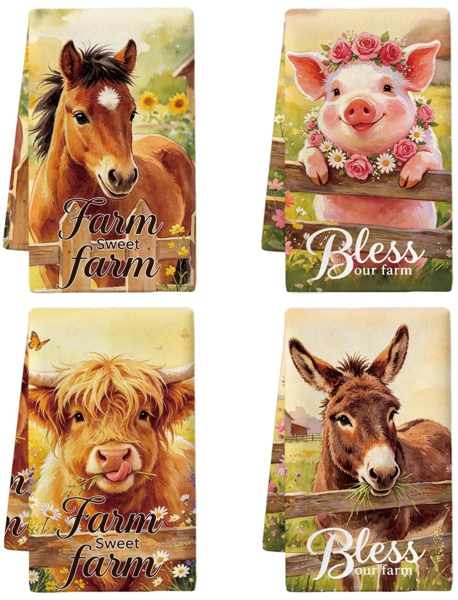 Omgoods - Set van 4 Keukenhanddoeken met Boerderijdieren - 66 x 45 cm, Leuk en Functioneel