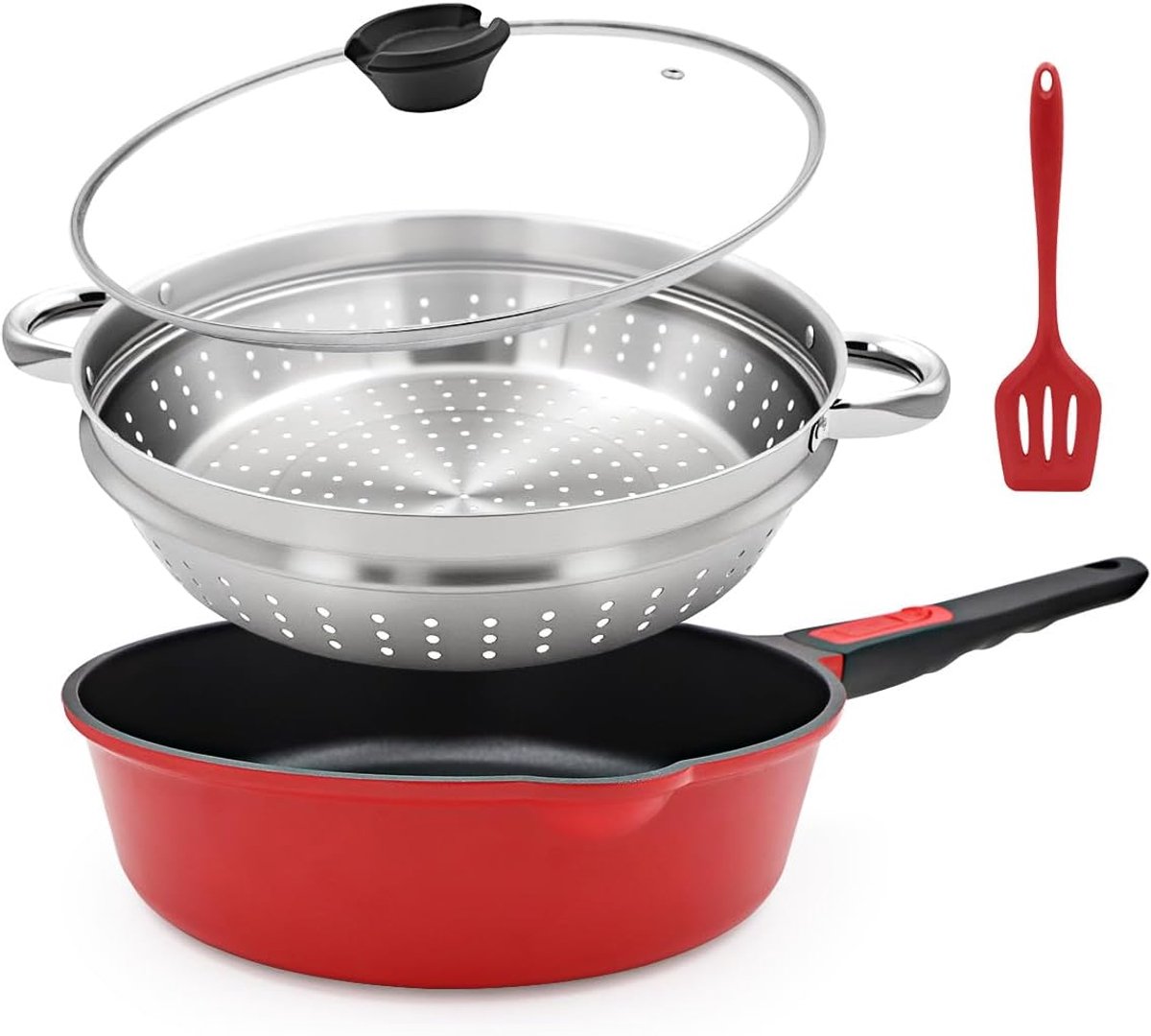 30,5 cm Non-stick Diepe Frituurpan Koekenpan met Stoomfunctie, 4,7 Liter Antiaanbak Saute Pan met Deksel & Afneembaar Handvat, Inductiekookpan, Compatibel met Alle Kookplaten, Ovenbestendig