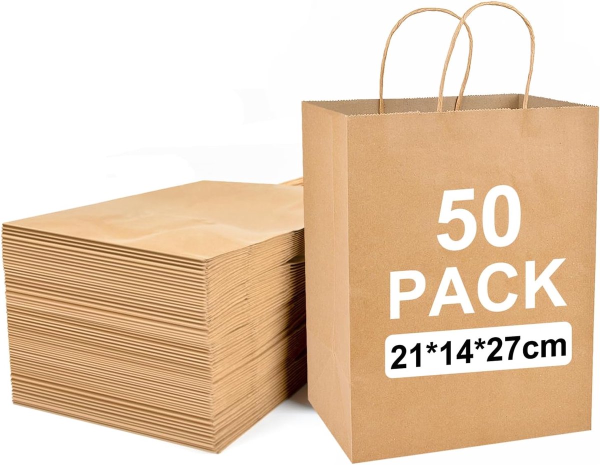 50 stuks papieren zakjes, cadeauzakjes, bruin, 21 x 14 x 27 cm, perfecte zakjes van kraftpapier voor zaken, cadeauzakjes voor winkelen, bruiloften, verpakkingen, feesten, verjaardagen, Kerstmis