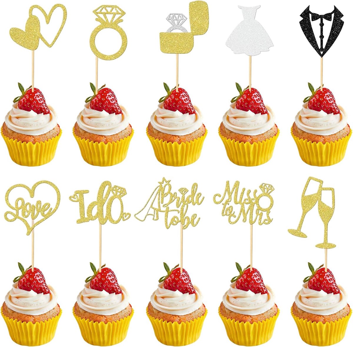 Topper, Set van 30 Bruid Taartdecoratie, Bruidscupcake Decoratie, Bruidscupcake Topper, Taartdecoratie, voor Bruiloften, Verlovingen, Bruidsdouches, Vrijgezellenfeesten (Goud)
