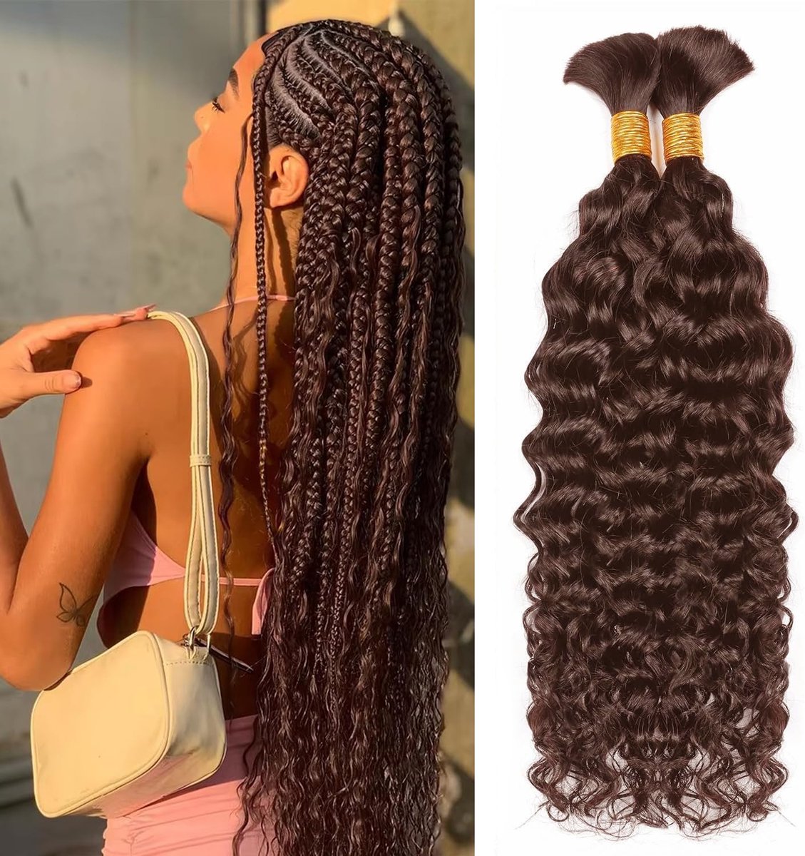 vlechthaar, 50 cm, watergolf, bulk menselijk haar voor vlechten, 2 bundels/verpakking van 100 g, Braziliaans 100% onbewerkt menselijk haar, donkerbruine vlechten haar voor