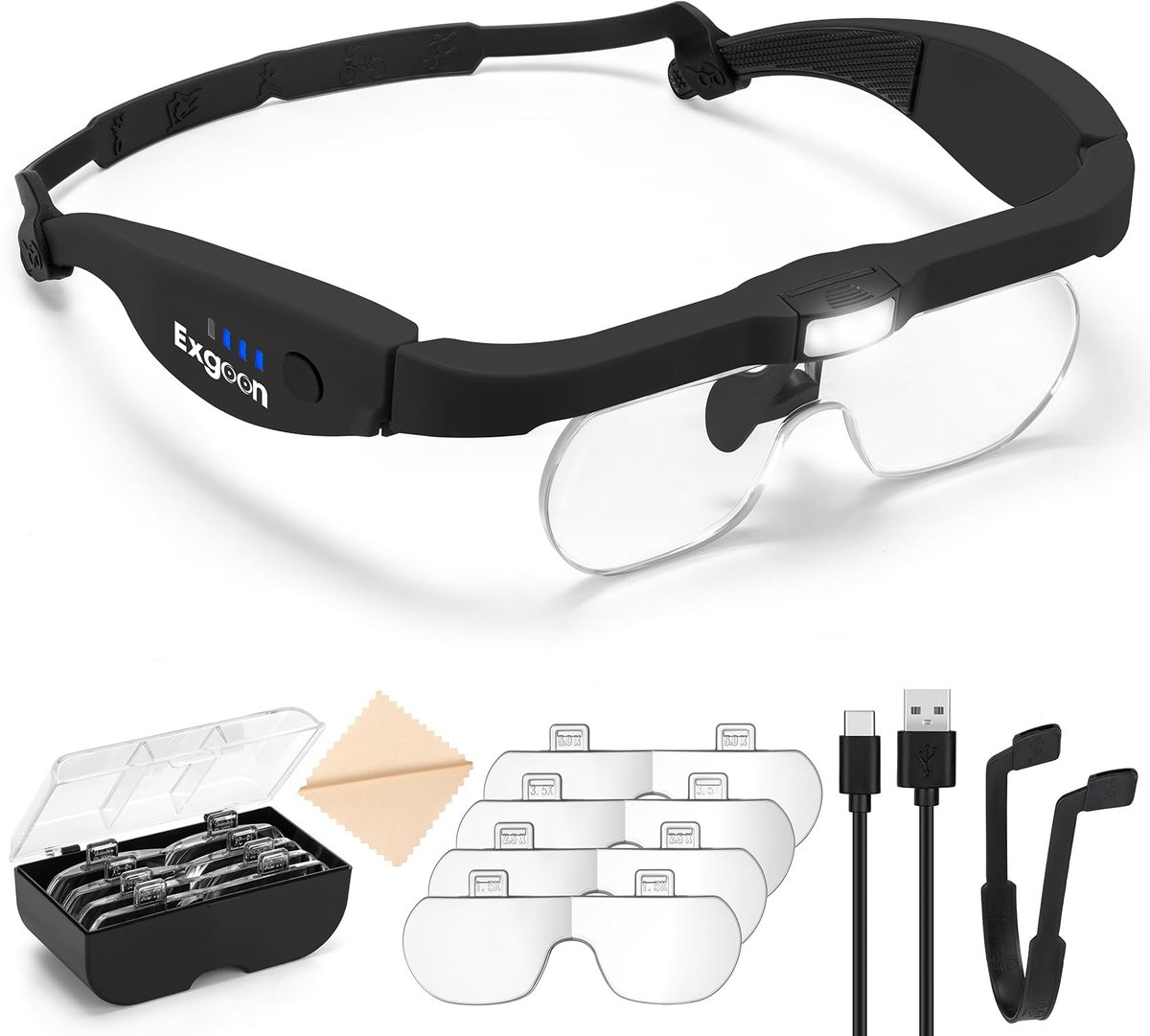 Omgoods - Handsfree Vergrootglas met Licht - 1.5X tot 5X, Oplaadbare Hoofdband