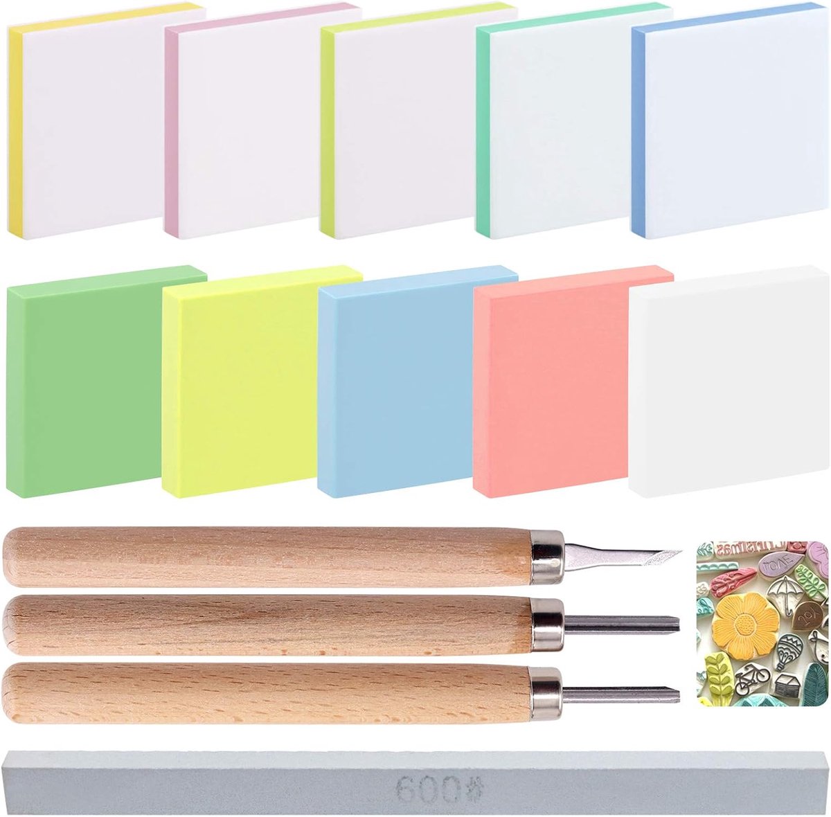 14 stuks rubberen stempelsnijblokken kit met rubberen snijblokken, snijgereedschap en slijpsteen voor het maken van artistieke prints, kaarten knutselen, printen of andere papierambachten