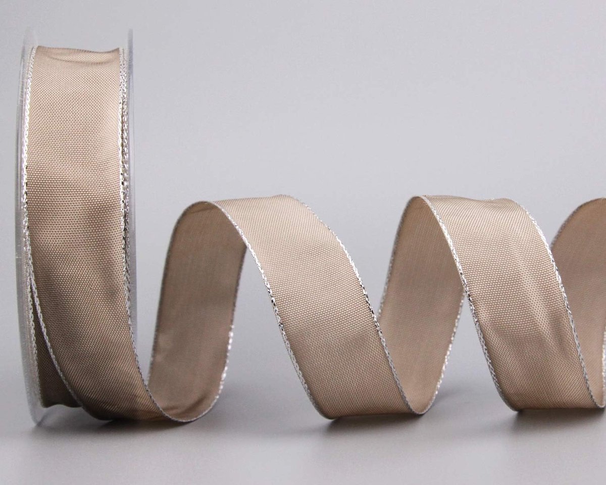 25 m x 25 mm Dekoband "Fairy Tale" TAUPE ZILVER draadrandband met Lurex metaalgaren lint gouden rand zilveren rand cadeaulint Kerstmis stoffen lint metallic glanzend