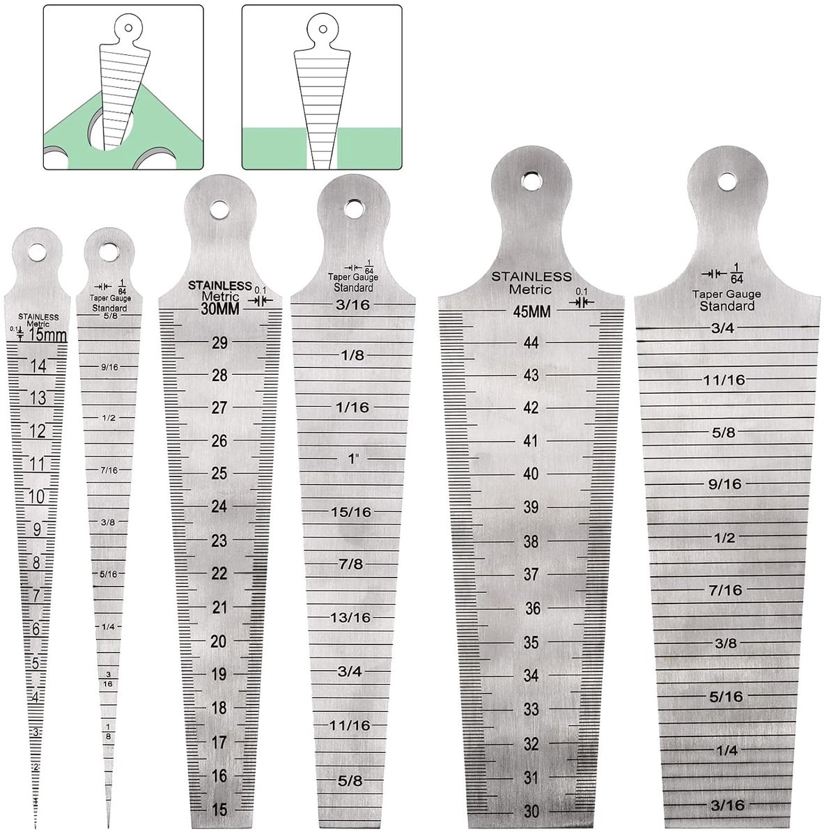 3 stks roestvrij lassen Taper Gauge Test Set, 1-15mm/15-30mm/30-45mm Feeler Gage Linialen Gap Hole Inspectie Tool Inch & Metrische Standaard voor Maatmeting (1/64"-5/8", 5/8" - 3/16" 10.2 cm)