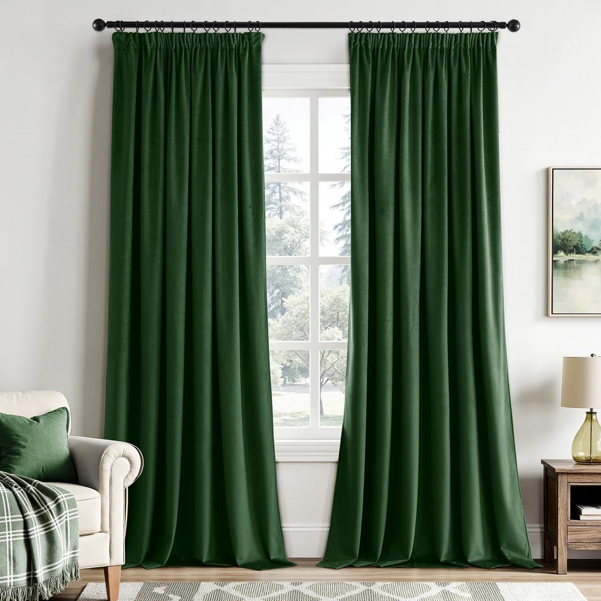 Omgoods - Donkergroene Velvet Gordijnen met Rimpelband - Set van 2