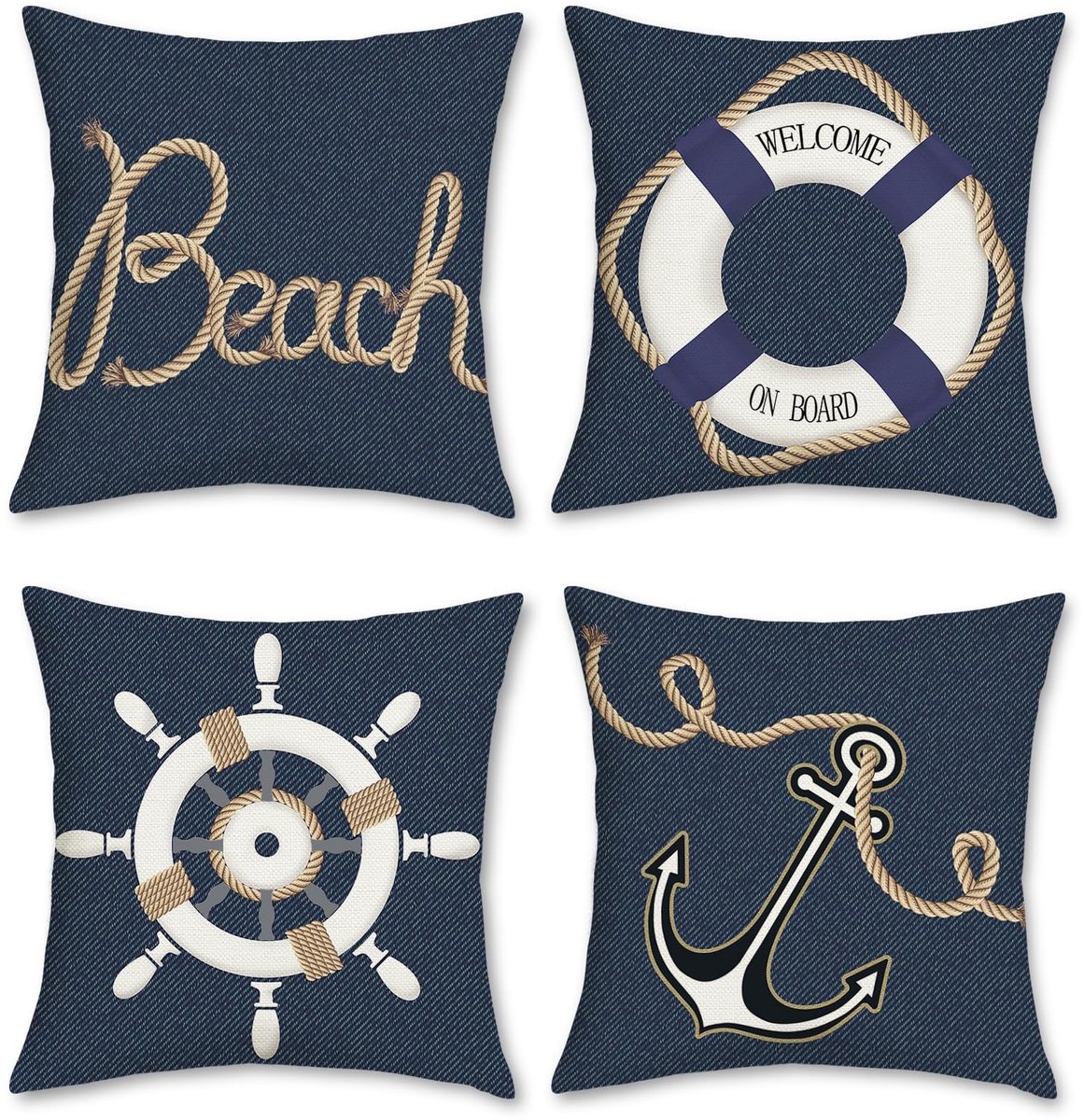 Omgoods - Set van 4 Nautische Kussenhoezen 45 x 45 cm in Denim Look