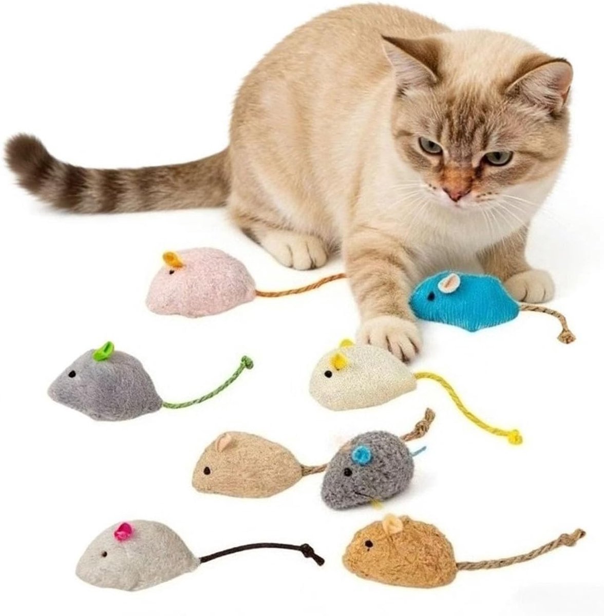 Set van 8 mini pluche muisjes voor katten - 12 × 3 cm - Levendige kleuren - Zacht aanvoelend - Muntgeur - Realistisch en interactief - Stimuleert het jachtinstinct van katten - Verkrijgbaar in 8 kleuren