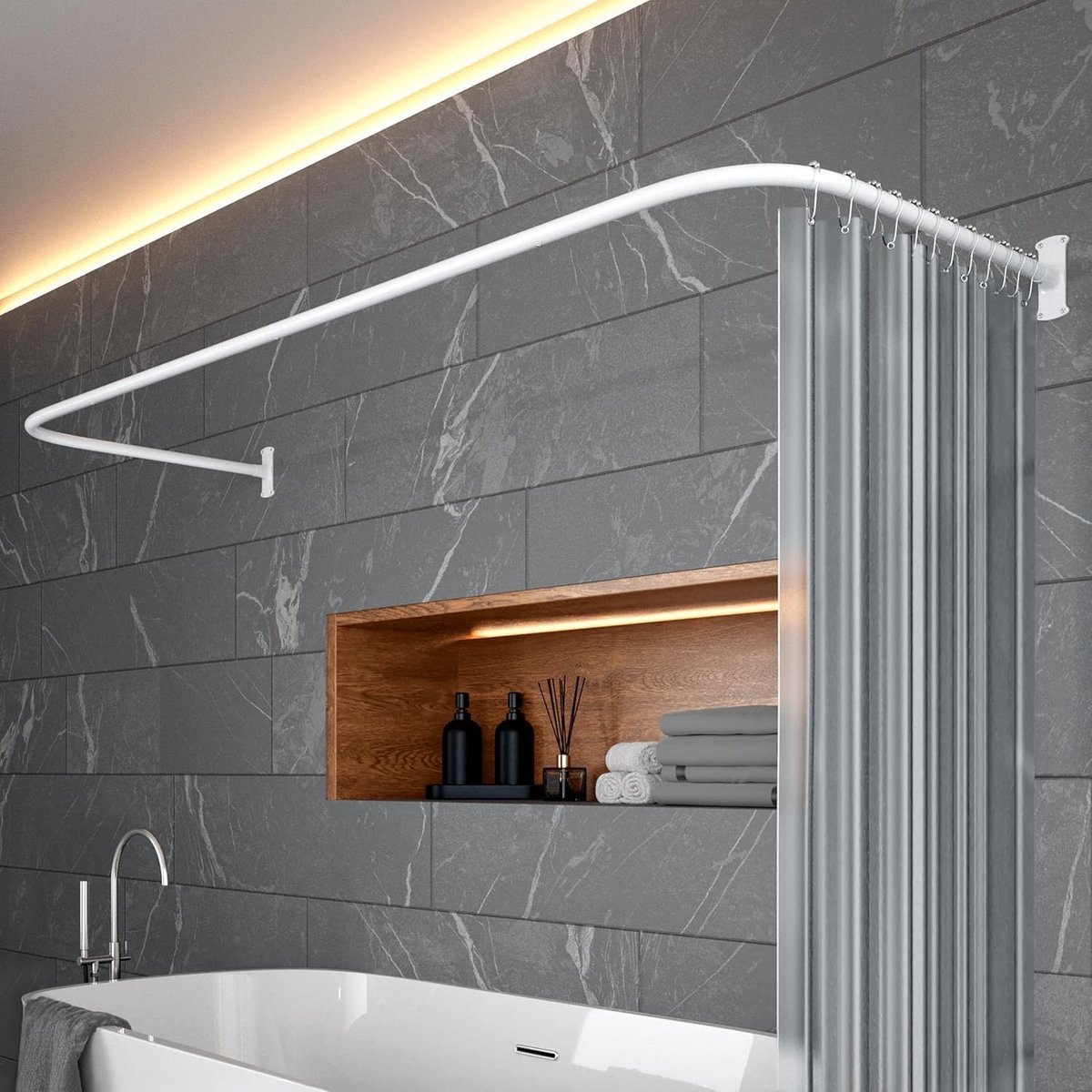 Omgoods - Douchegordijnstang L-Vorm en U-Vorm, 6-in-1 Systeem, Inclusief 12 Ringen