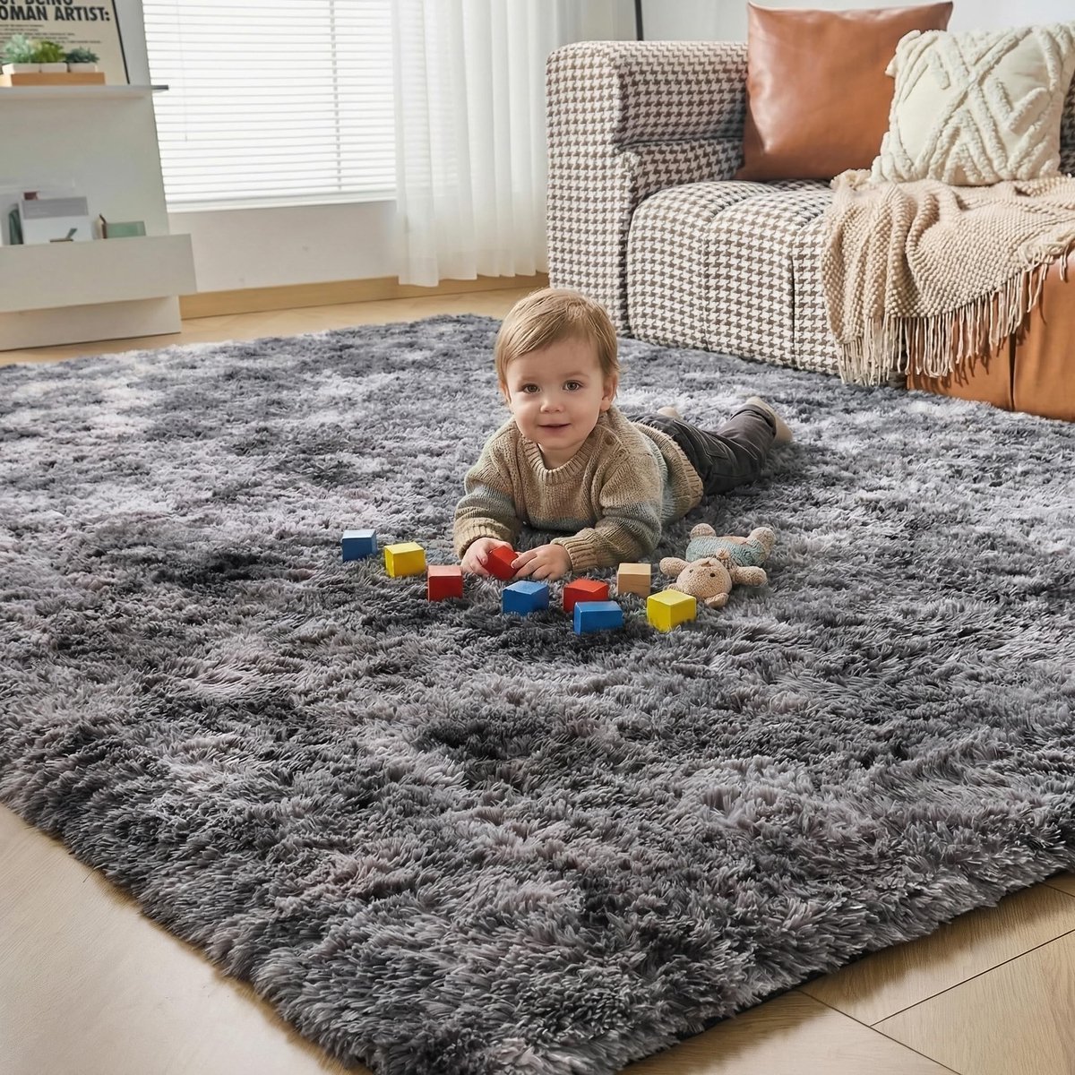 Omgoods - Luxe Shaggy Vloerkleed voor Woonkamer - Zwart en Donkergrijs 90x150 cm