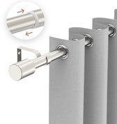 Uitschuifbare gordijnroede van geborsteld nikkel met een wandsteun en een detail van de uitschuifbare functie.