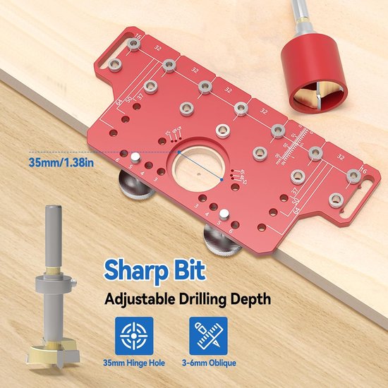 Plankjespen Jig & 35 mm Scharnier Jig Twee-in-Één, Plankjespen Boor Jig met 5 mm en 1/4" Boorkoppen, Kast Scharnier Jig Boor Gatenpunser Boor Gat Boor Gids — afbeelding 3