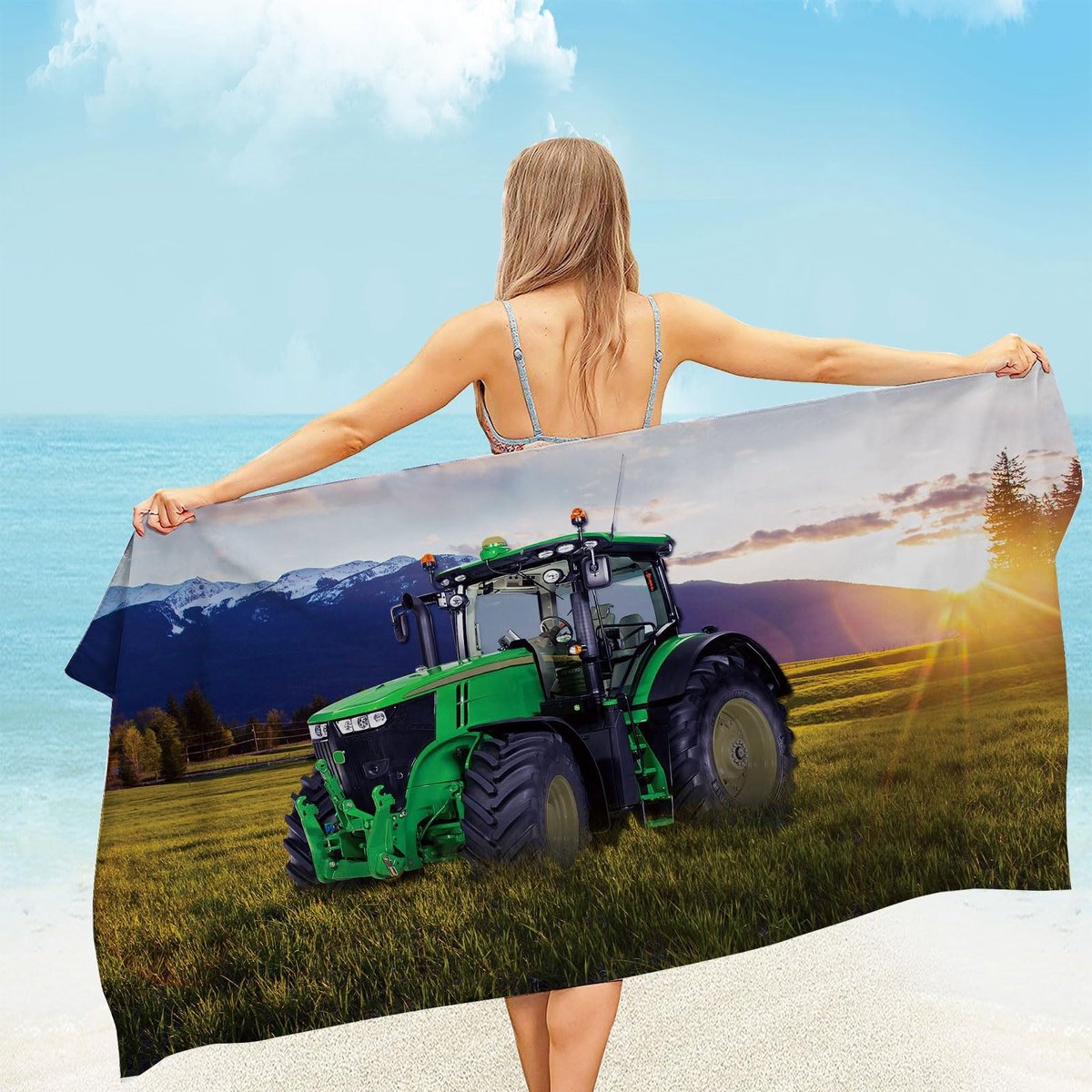 Omgoods - Microfiber Strandhanddoek met Tractorprint voor Jongeren en Volwassenen
