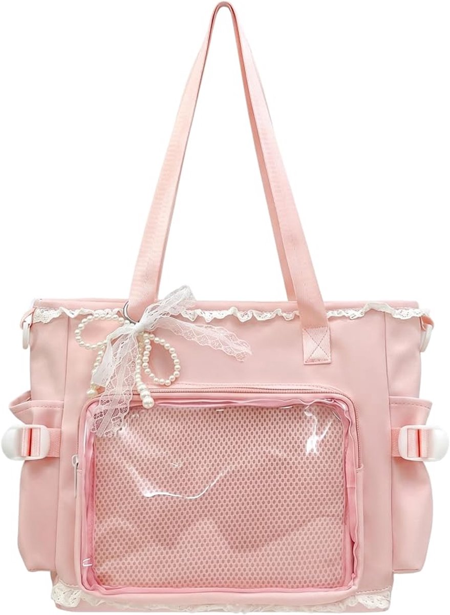 KZQ Roze Badgehoudertasje Met Transparant Venster, Kant En Strik – Crossbody Of Handtas Inclusief Bedeltje