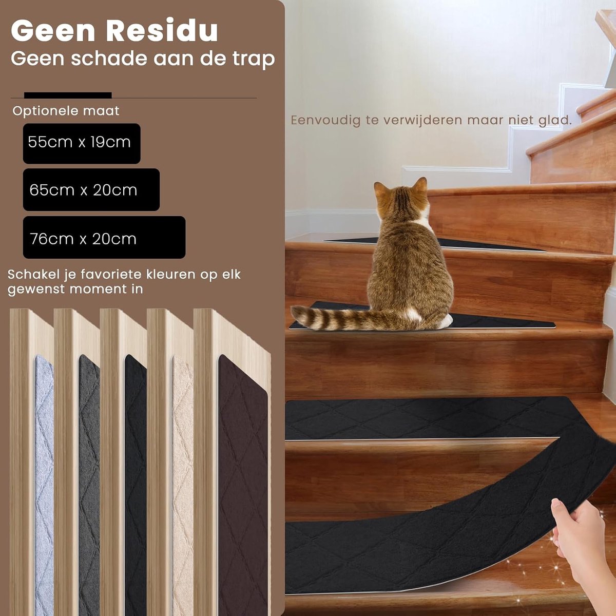 Traptredenmatten set van 15, Zelfklevende Trapmatten Binnen, Trap Mat Snijdbaar & Herbruikbaar voor Bescherm Huisdieren, Senioren Kinderen (Zwart, 55 x 19 cm)
