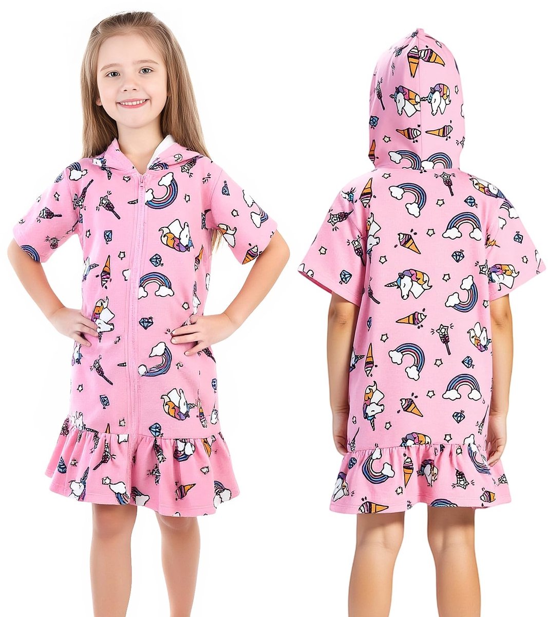 Omgoods - Hooded Poncho Handdoek voor Kinderen - 100% Katoen - Roze Eenhoorn