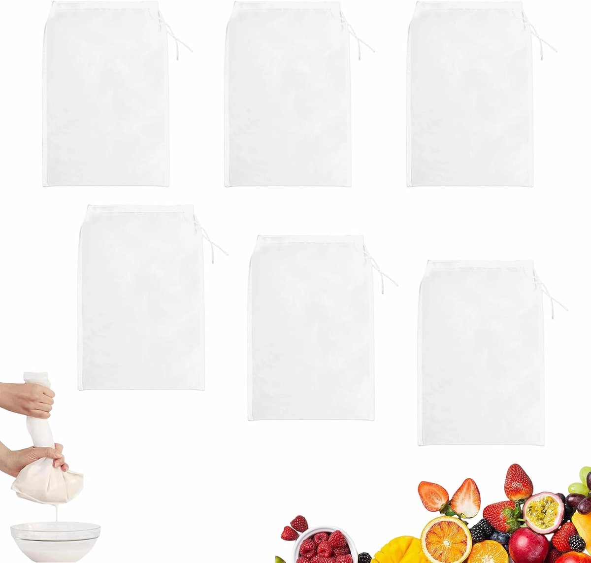 20 × 30 cm herbruikbare kaasdoek biologische wasbare filterzak met trekkoord | 6 stuks notenmelkzakken, fijn geweven pasdoek voor notenmelk, kaas, koffie, yoghurt, vruchtensap