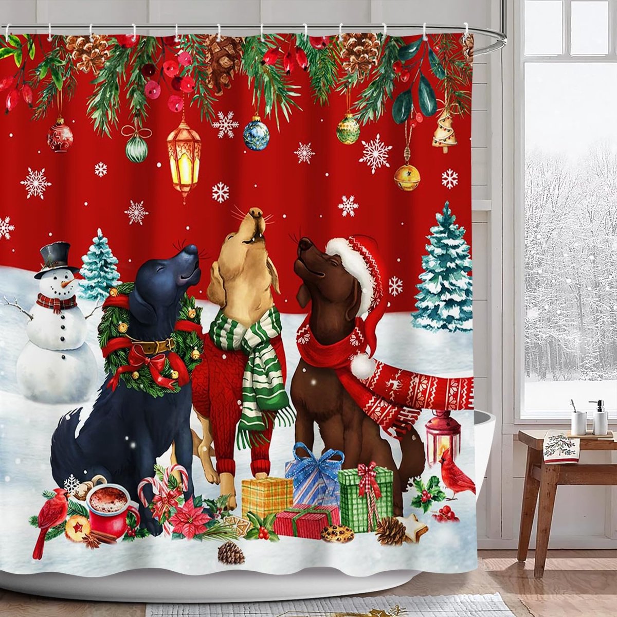 Omgoods - Kerst Douchegordijn met Sneeuwvlokken en Honden 180x180cm